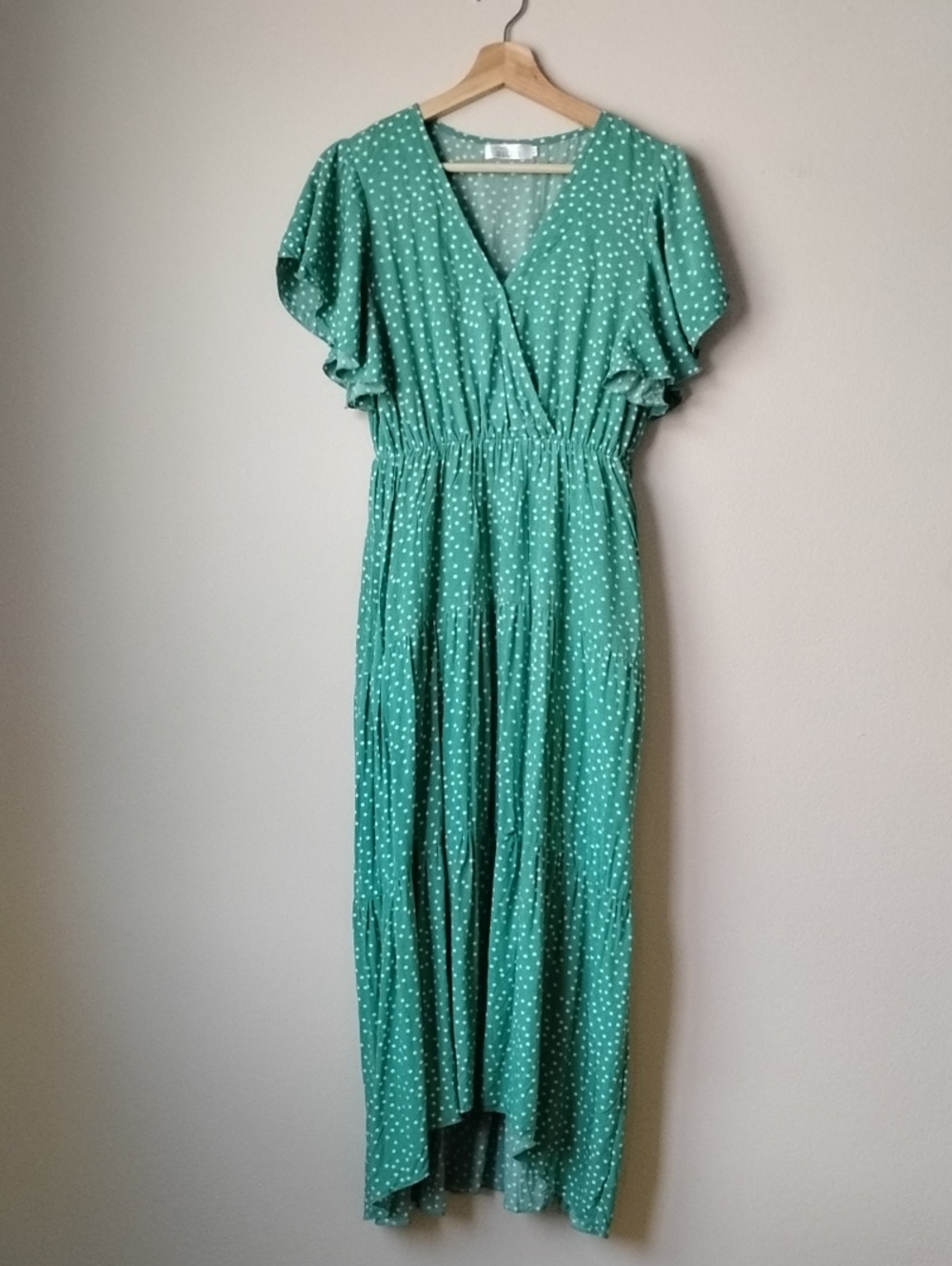 Shibever Green Polka Dot High-Low Maxi Dress